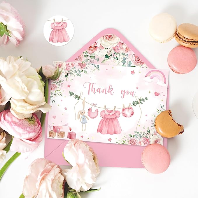 24 Pack Baby Shower Thank You Cards Pink Baby Cloth Floral Greeting Cards with Envelopes Stickers Blank Note Cards for Girl Birthday Baby Shower, 4 x 6 Inch