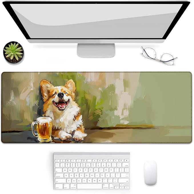Corgi Dog Beer Gaming Mouse Pad, Mouse Pad, Desk Mat, Non-Slip Rubber Base MousePads for Computers Laptop Office School Home Accessories Decor Gifts 31.5" x 11.8"