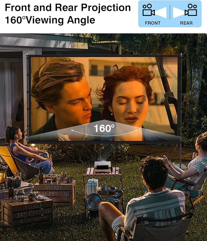 Outdoor-Projector-Screen-with-Stand - 120 inch Portable Projector Screen Indoor Outdoor Projector Screens 16:9 4K HD Lightweight Movie Screen with Carry Bag for Backyard Movie Night