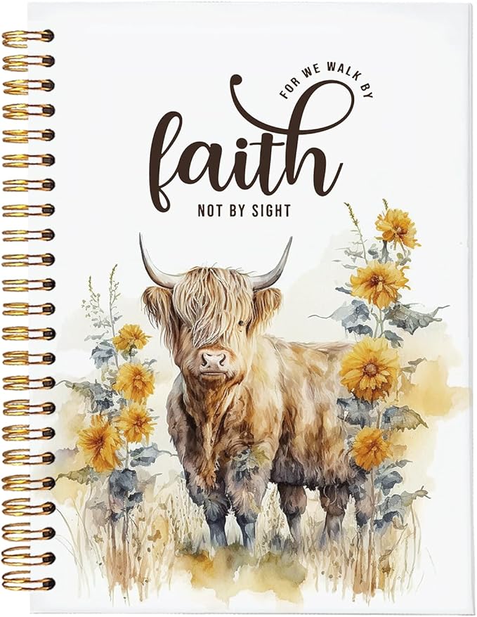 Bible Study Journal, Bible Notebook for Bible Notes, Christian Journals for Women, Highland Cow Gifts for Women,Walk by Faith Highland Cow Notebook Gifts Faith Journal 5.5x8.3