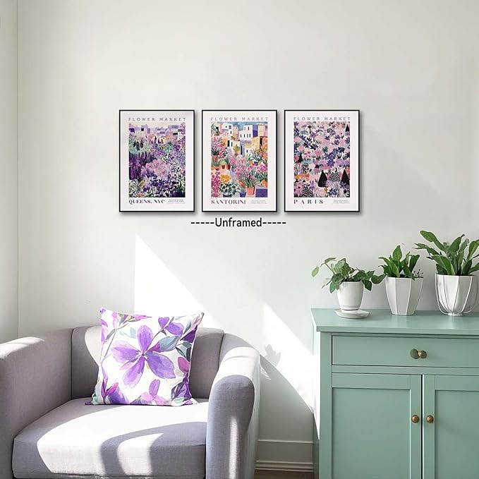 XLARTMY Flower Market Wall Art Prints Canvas Purple and Pink Floral Paintings Colorful Botanical Travel Flower Posters for Home Decor Pictures Set of 3 for Living Room Bedroom 12x16in Unframed