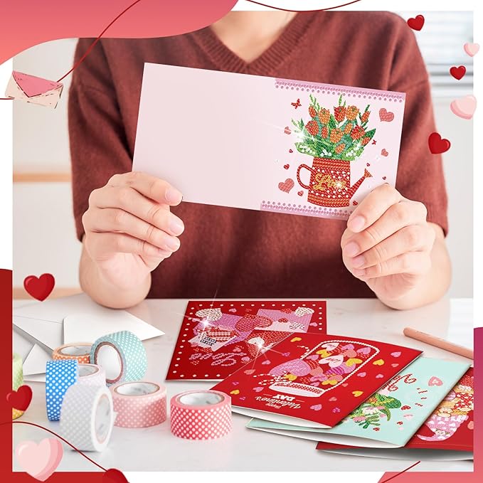 Saillong 12 Pack Valentine's Day Diamond Painting Greeting Card Kit Valentine Diamond Art Cards with Envelopes 5D Rhinestones Painting Making Kits for Adult DIY Craft Family Friend Holiday Gifts