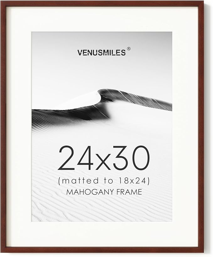 24x30 Poster Frame, USA-Sourced Natural Mahogany Wood Picture Collage Frame with HD Tempered Glass, Modern Simple 24 x 30 Wooden Photo Frame Matted to 18x24, Vertical & Horizontal Wall Hanging Display