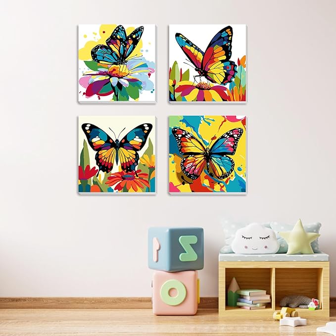 MXJSUA 4 Pack Colorful Butterflies Framed Canvas Paint by Numbers for Kids Adults, Animals Paint by Numbers Kit for Children Beginners, DIY Acrylic Painting Craft Kits for Home Wall Decor, 8x8 inch