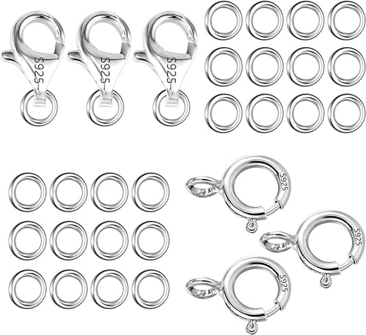 925 Sterling Silver Lobster Claw Clasps Set, Lobster Clasps Connector Closures and Spring Clasps with Open Jump Rings for Necklace Bracelet DIY Jewelry Finding Supplies (26pcs)