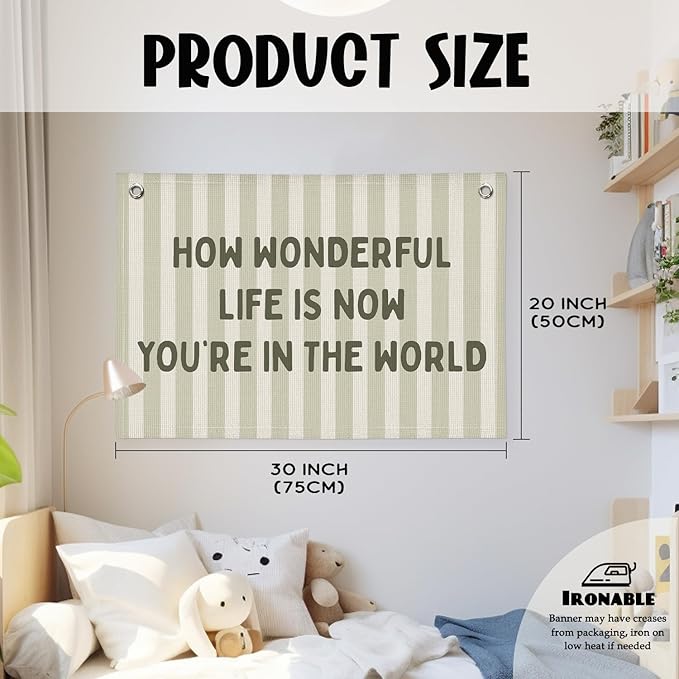 How Wonderful Life is Now Wall Art Decor, Sage Green Baby Room Nursery Linen Canvas Banner Wall Hanging Flag Decor for Toddler Girls Boys Room Playroom