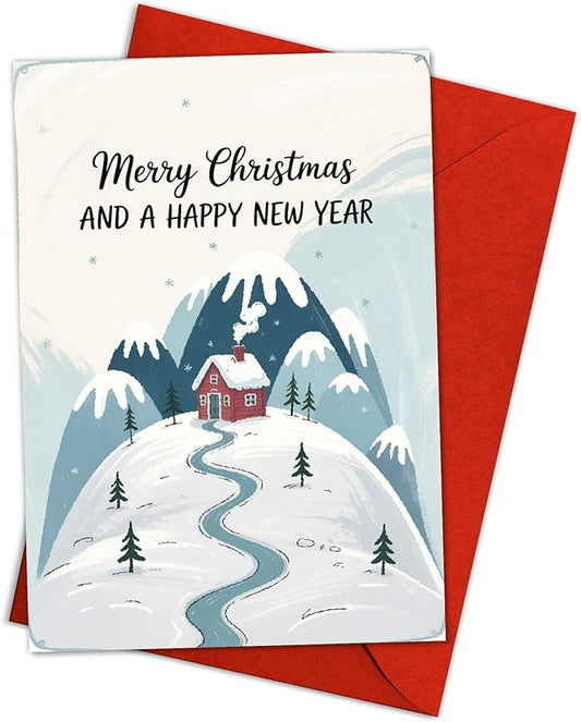 (5.3x8in) Merry Christmas and a Happy New Year Card, Cozy Winter Cabin in Snowy Mountain Design, Classic Holiday Greeting for Family, Friends, Coworkers, or Neighbors Card with Envelope (Xmas New)