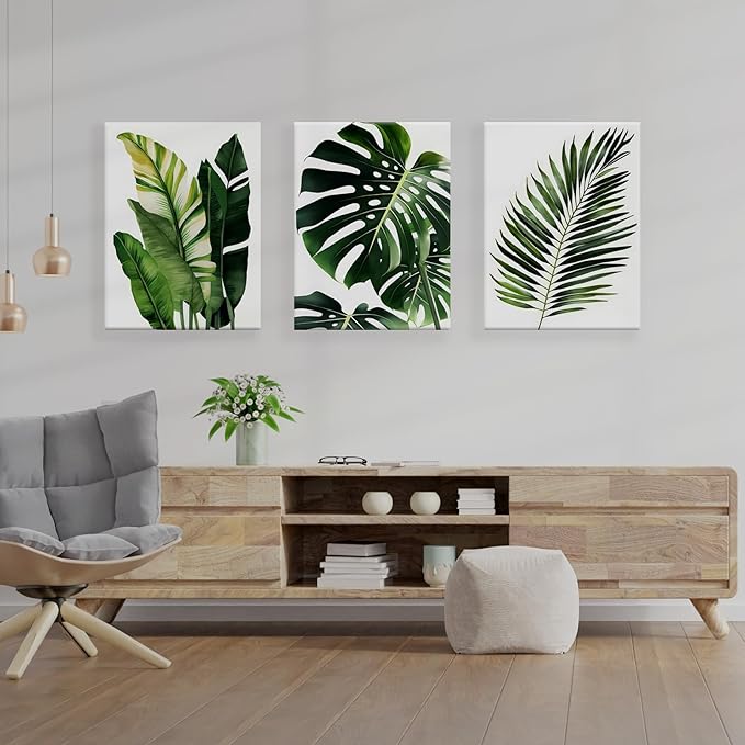 3pcs Framed Canvas Prints Botanical Leaf Modern Plant Palm Leaves Banana Leaf Tropical Wall Art Decor Canvas Poster Gallery Bathroom Bedroom Living Room Office 16x24 Inch Ready to Hang