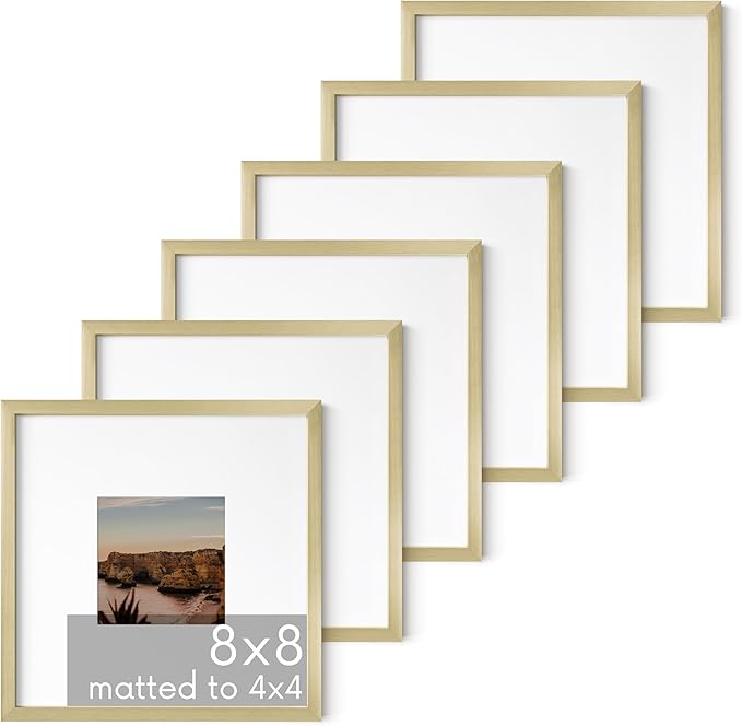 HAUS AND HUES 8x8 Gold Metal Picture Frames Matted to 4x4 - Premium Aluminum with Hanging Hardware, Shatterproof Plexiglass - Ideal for Home or Office (8x8 in, Gold, Set of 6)