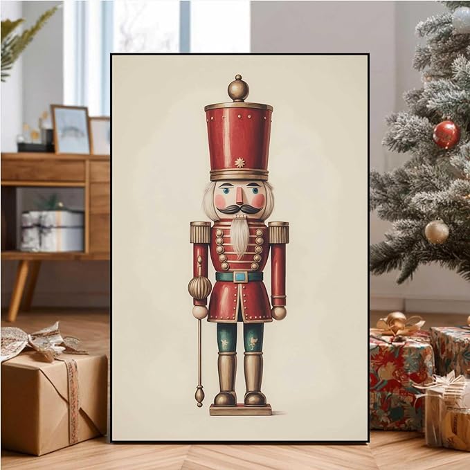 Nutcracker Christmas Wall Art Festive Christmas King Holiday Print Classic Soldier Nutcracker Vintage Holiday Canvas Painting Indoor Decor for Home Offices Living Room Bedroom Framed Ready to Hang
