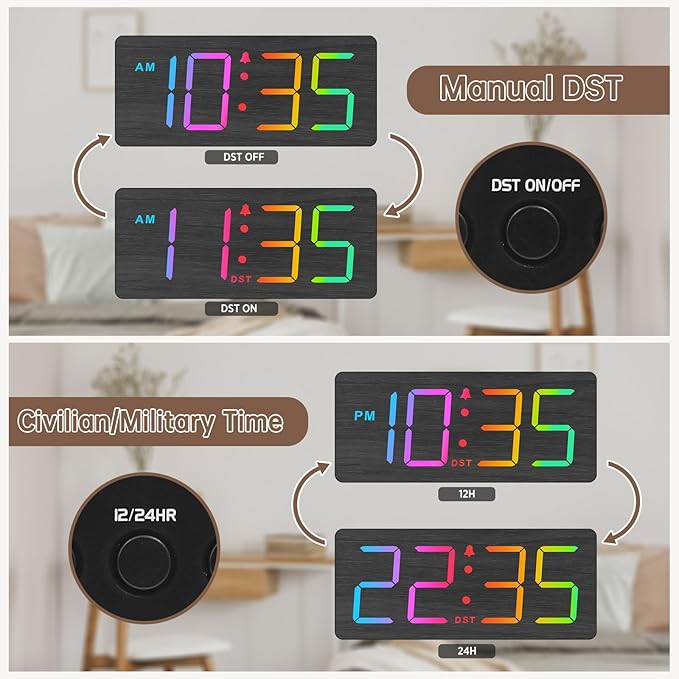 DreamSky Wooden Digital Clock for Bedroom Desk - RGB Loud Alarm Clock for Heavy Sleepers with Volume Control, Large Numbers with Dimmer for Living Room Office, Wood Decor (Plug in Clock)