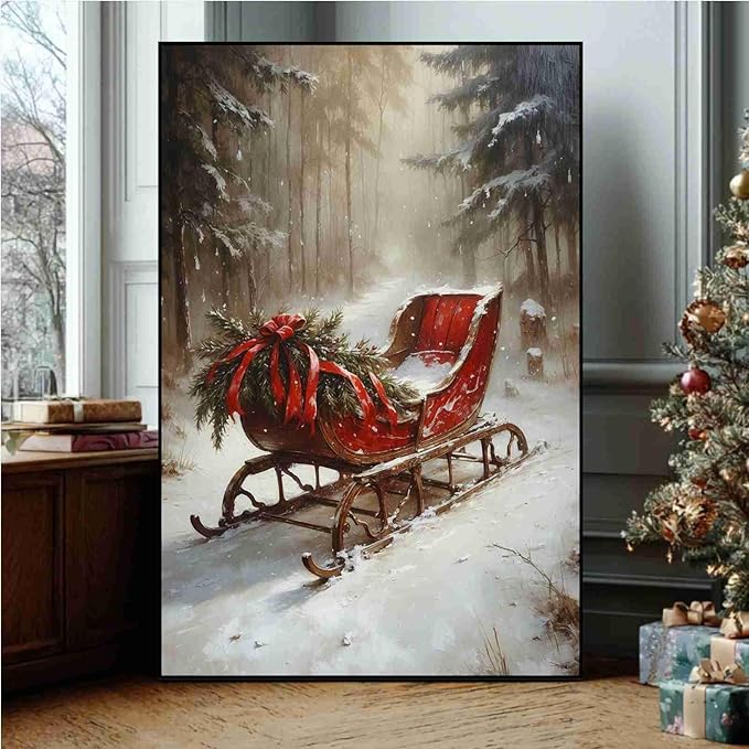 Vintage Christmas Canvas Wall Art Holiday Ride Painting Snowy Woodland Print Classic Sleigh Wall Decor Rustic Landscape Poster Indoor Decor for Offices Living Room Winter Holiday Framed Ready to Hang