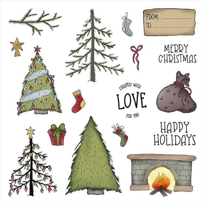 Christmas Tree Fireplace Stamps and Cutting Dies for Card Making DIY Transparent Silicone Clear Stamp and Metal Die Cuts Sets for Scrapbooking Paper Greeting Cards Decor Seals Craft Supplies