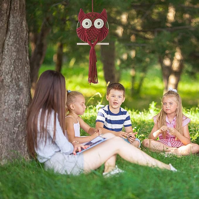 MVSUTA Owl Burgundy Cotton Handmade Macrame Wall Hanging Tapestry Home Decor Art and Red Craft Wonderful Decoration Woven Boho Ornament for Office Bedroom Apartment Living Room Nursery Gallery,1pc