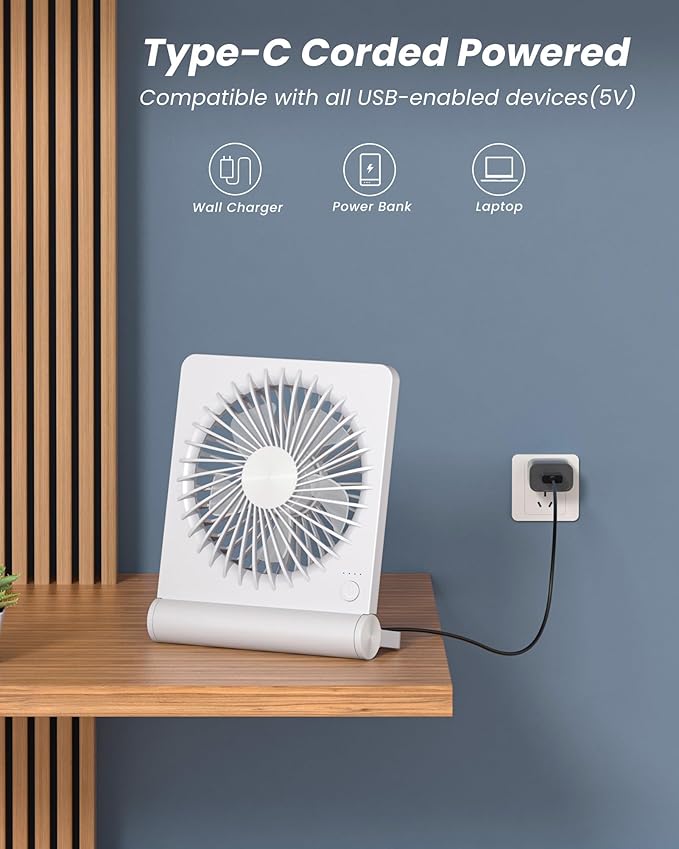 Koonie USB Fan, Strong Wind Ultra Quiet Small Desk Fan 220° Tilt Folding 3 Speeds Adjustable USB-C Powered Personal Fan for Home Office Desktop, White, NO BATTERY