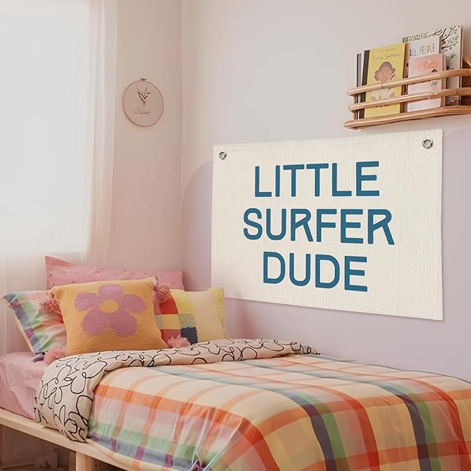 Coastal Summer Beach Surf Decor, Boys Beach Room Decor Aesthetic, Little Surfer Dude Linen Banner Wall Hanging Banner Flag 20x30 Inch