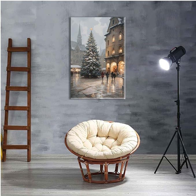 Framed Canvas Wall Art Vintage Christmas Tree Print Moody Winter Wall Art Farmhouse Christmas Decor 24x36in Wood Framed