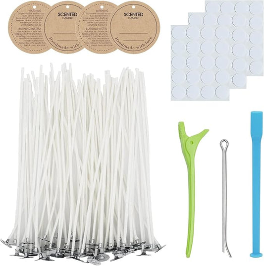CandMak Candle Wick Kit - 60 Cotton Wicks with Candle Making Tools (Thick, 8 inches)