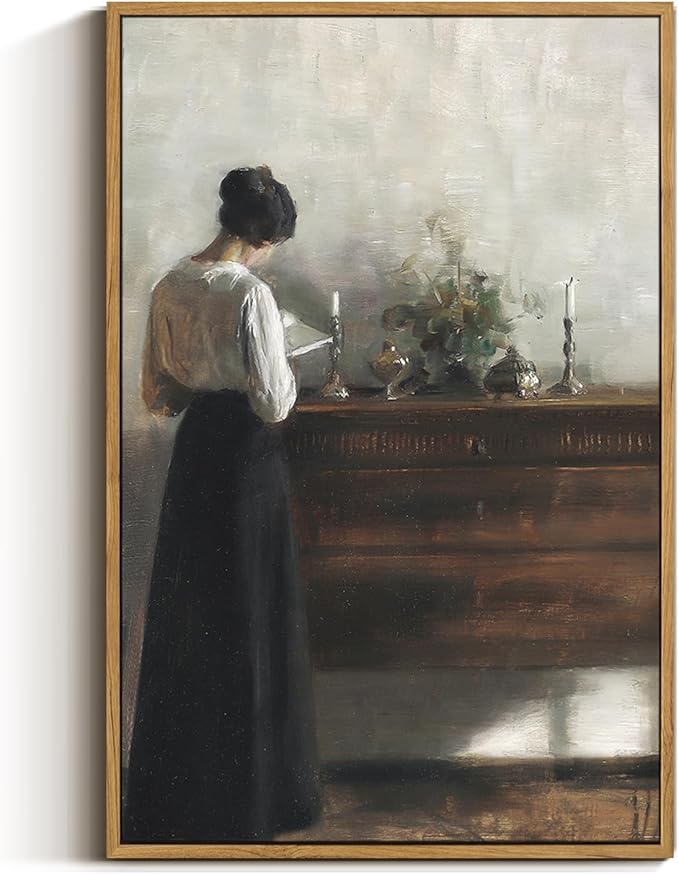 VIYYIEA Portrait Large Framed Wall Art, Woman Standing Reading Vintage Art Decor Room Aesthetic, 16X24 Inch Canvas Print Artwork, Farmhouse Painting Wall Decor for Bedroom Bathroom Office