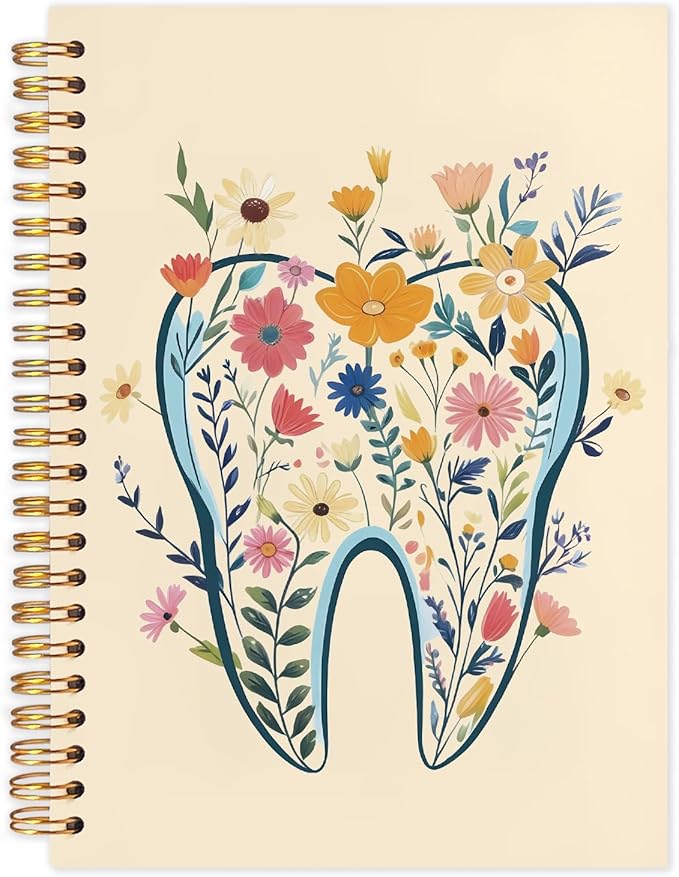 WUCHJ Dentist Gifts Notebook Journal, Dental Assistant Office Gifts for Women, Yellow Floral Tooth Dental Spiral Notebook Journal for Note Taking, Dentist Office Supplies, 5.5x8.3 Inch