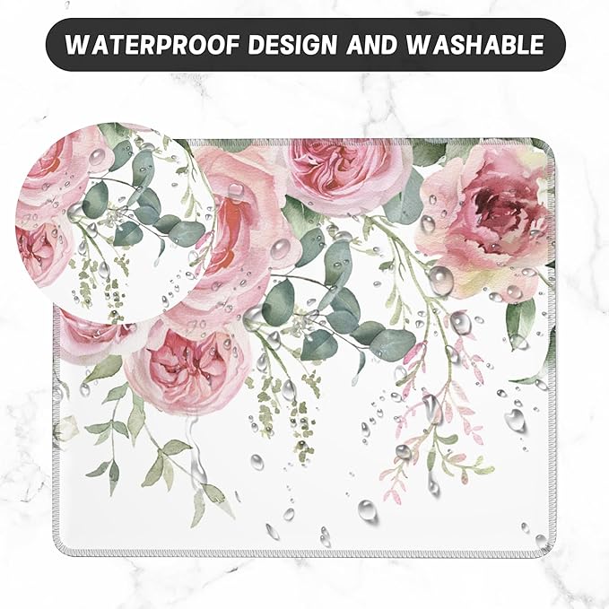 Mouse Pad, Pink Flowers and Eucalyptus Leaves Mouse Pads for Desk,Soft Computer Mouse Mat Square Waterproof Non-Slip Rubber Base Gaming MousePads for Women Men,Laptop,Office