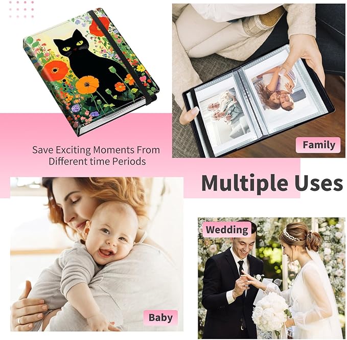 Mini Photo Album 2x3,60 Photos Capacity,PU Leather Cover with Elastic Band,High Definition Waterproof PP Pages for Family Wedding Anniversary Baby Record,Black Cat Wildflower