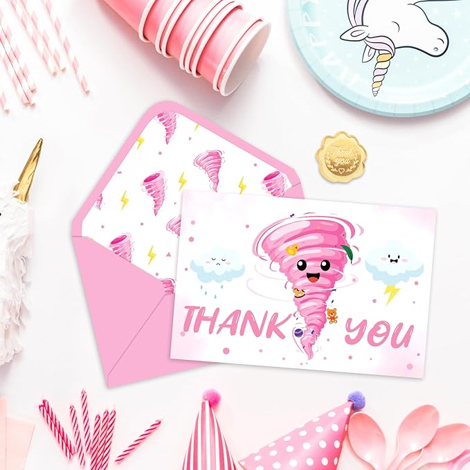 24 Pack Two-nado Party Thank You Card Pink Tornado Greeting Cards with Envelopes Stickers Blank Note Cards for 2nd Birthday Baby Shower, 4 x 6 Inch
