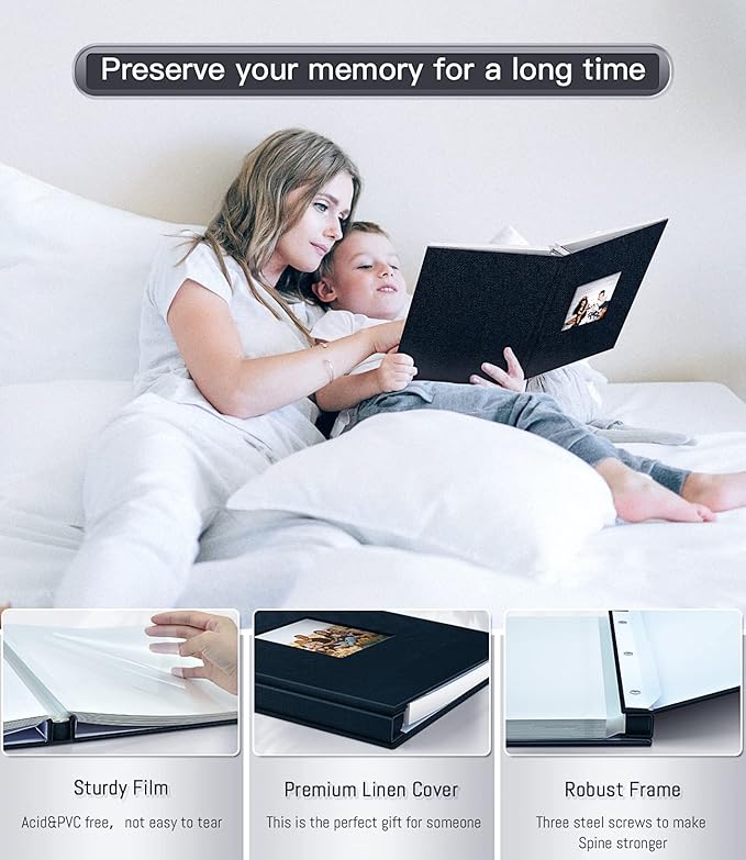 Popotop Photo Album Self Adhesive with Picture Display Window,60 Pages DIY Scrapbooking Supplies Kit for 4x6 10x12 Picture,Linen Cover Memory Book for Baby Wedding, with Scraper and Metallic Pen