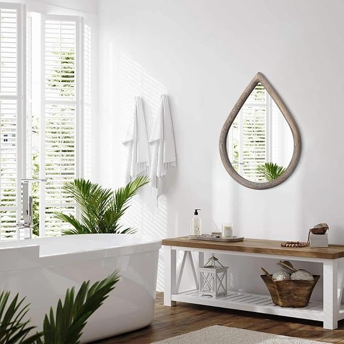 Teardrop Wall Mirror with Wood Framed Farmhouse Wall Hanging Mirrors for Wall Decor Irregular Decorative Mirror for Bedroom Living Room Bathroom 16x20 Inches