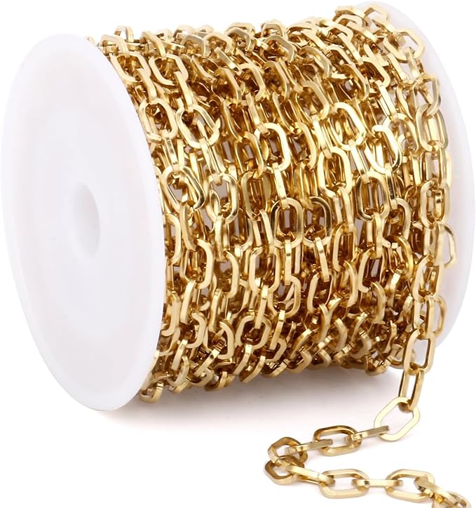 16.4Ft Paperclip Chains Rolls, Charm Necklace Chain 3.2mm Width，18K Gold Necklace Chain for Jewelry Making，Plated Charm Bracelet Making kit with 10 Lobster Clasps and 60 Jump Rings