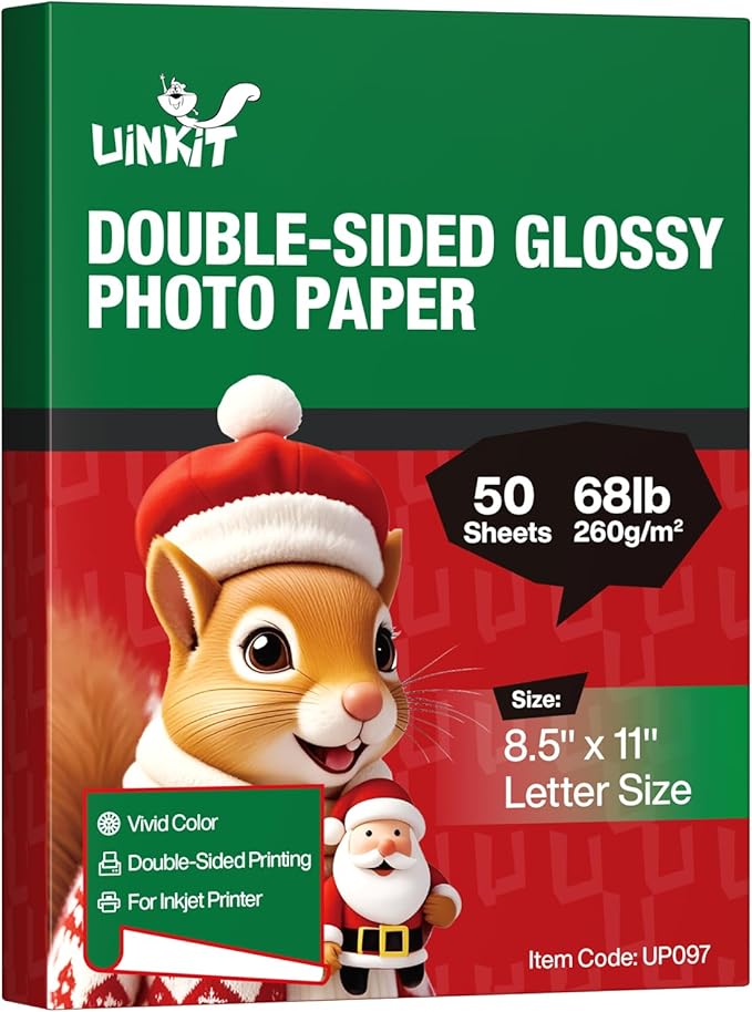 Uinkit Thick Photo Paper Glossy Double Sided 50 Sheets 8.5x11 Heavyweight 68lb 260gsm Inkjet Both Sides Printable 11.8mil A4 Letter size Flyer Bulk Pack 8.5 x 11 Card paper postcard postal