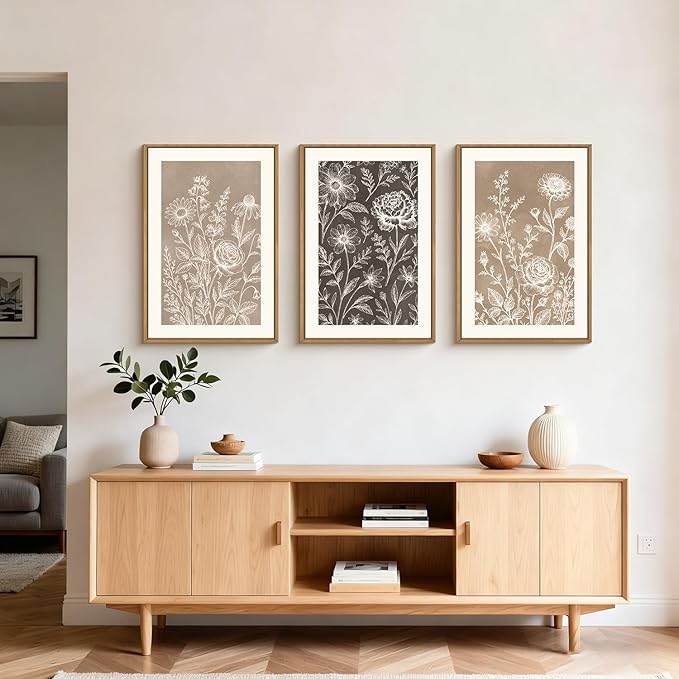Vintage Flower Framed Canvas Wall Art Set,Modern Nature Wildflower Wall Decor, Neutral Brown Black Floral Art Prints,Natural Botanical Artwork for Living Room, Bedroom,Farmhouse- 16"x24"x3