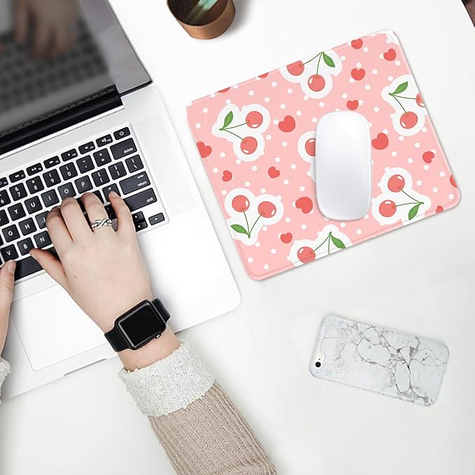 Seorsok Square Cute Funny Mouse Pad,Office Home Personalized Mouse Mat Design,Waterproof Mousepad,Non-Slip Rubber Base Computer Mouse Pads for Wireless Mouse,Pink Cherries and Hearts