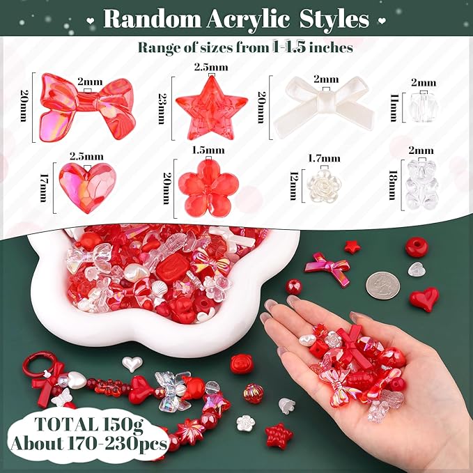 200-260PCS TINKRSTUFF Assorted Acrylic Beads Red Cute Beadsfor Bracelet Making, Bow Flower Butterfly GummyBear Kawaii Charms, Aesthetic Bead for Necklace Keychain Jewelry Making DIY Phone Charm