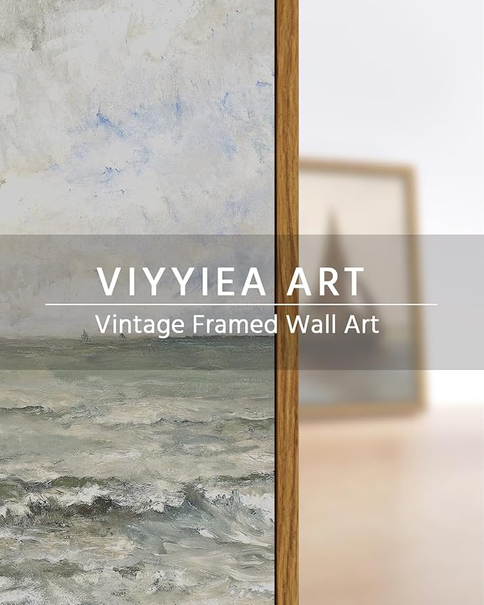 VIYYIEA Ocean Landscape Framed Wall Art, Seascape Vintage Paintings Art Decor Aesthetic, Canvas Print Artwork, Calming Sea Wall Pictures for Bedroom Bathroom Office, 11x14 Inch