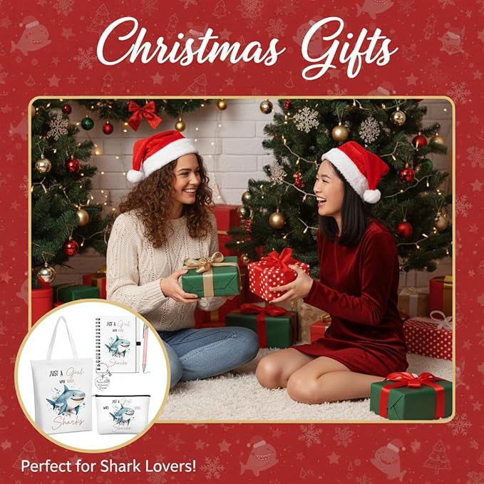 Ceenna 5 Pcs Shark Gifts for Women, Just a Girl Who Loves Shark Cosmetic Makeup Bag, Canvas Bag, A6 Spiral Notebook Lined Journal, Writing Gel Ink Pen and Funny Keychain for Girl Animal Lovers Gift