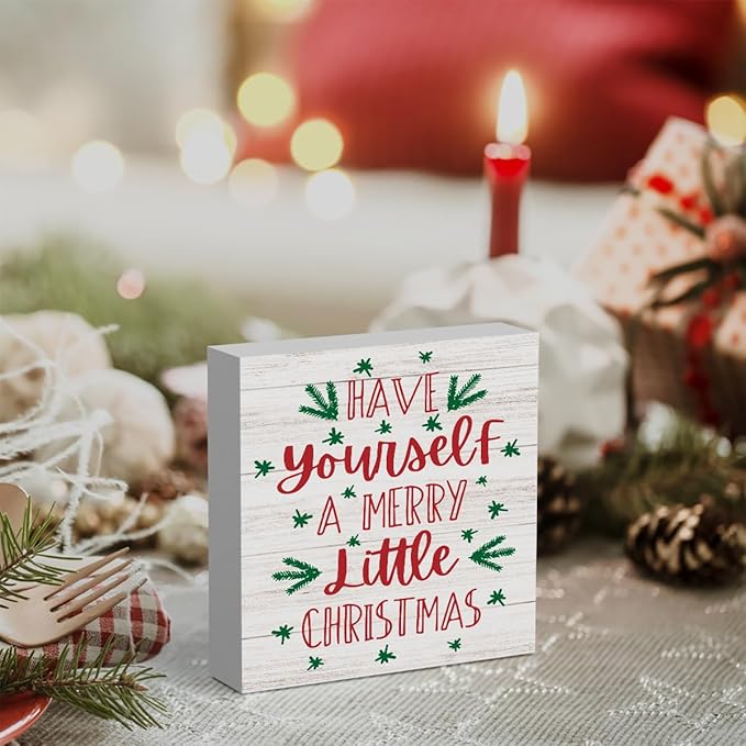 Have Yourself A Merry Little Christmas Wood Sign Christmas Decorations Indoor Farmhouse Christmas Decor Desk Table Block Signs Home Shelf Office Decoration 5 x 5 Inches