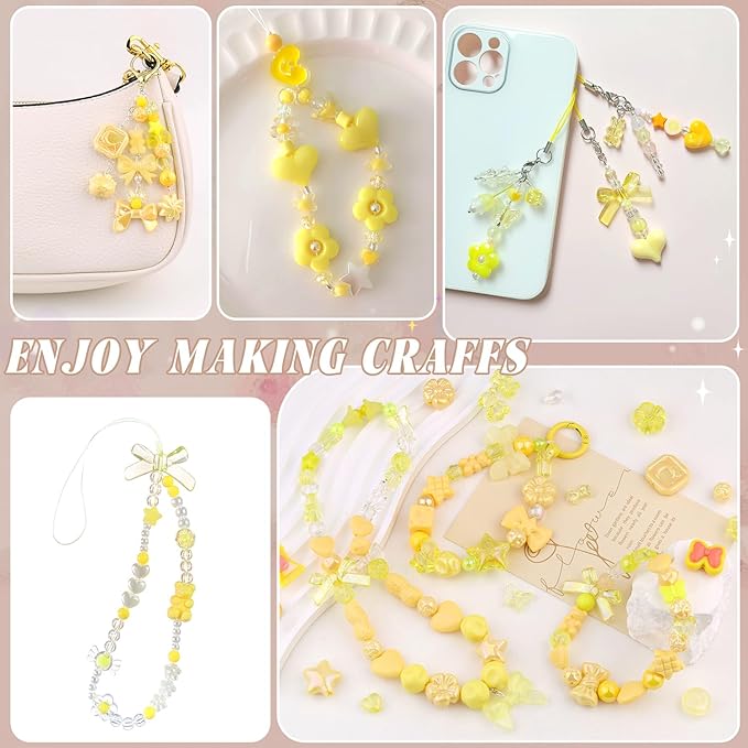 200-260PCS TINKRSTUFF Assorted Acrylic Beads Yellow Cute Beads for Bracelet Making, Bow Aesthetic GummyBear Flower Candy Butterfly Kawaii Charms for Jewelry Making DIY Necklace Keychain Phone Charm
