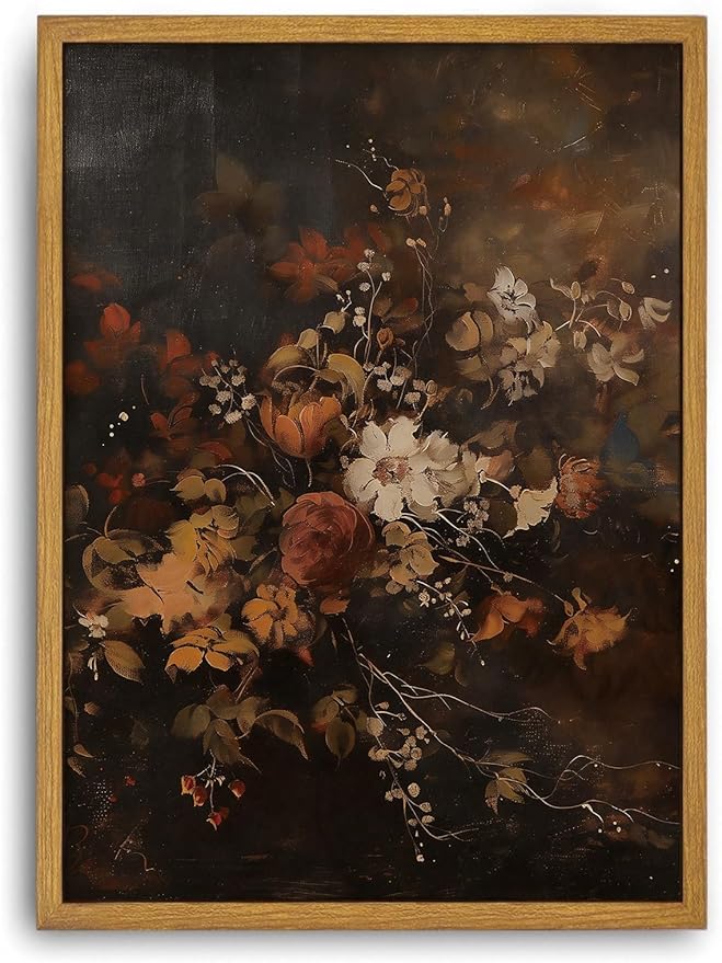Djmwtb Vintage Framed Wall Art Floral Botanical Canvas Wall Art Prints Flower Paintings Moody Aesthetic Pictures Wall Decor Artwork for Living Room Bedroom Bathroom Office 16x24in