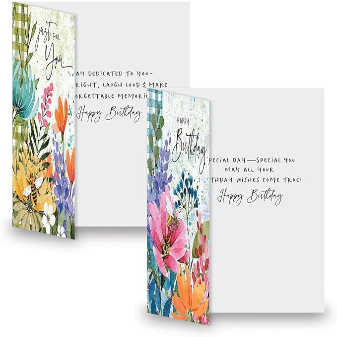 Current Floral Bees Birthday Cards - Set of 8 (4 designs, 2 each), 5 x 7 Inches, Sentiments Inside, Envelopes Included, Assortment Set