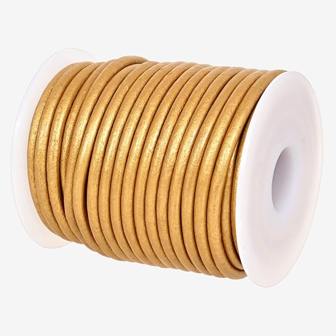 GENIQUE Real/Genuine Round Leather String Cord for Necklace, Bracelets, Jewelry, Kumihimo Braiding, DIY Projects (10 Metres) (3mm, Gold Metallic)