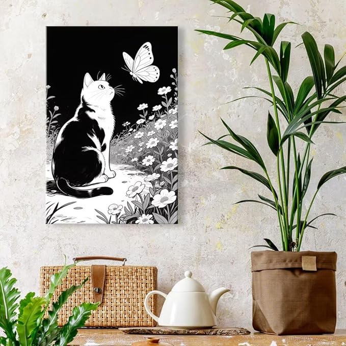 Cats Butterflies in Flowers Canvas Poster Vintage Minimalist Nature Wall Art Trendy Black White Aesthetic Painting Prints Modern Animal Home Decor for Bedroom Living Room 20x30inch Framed