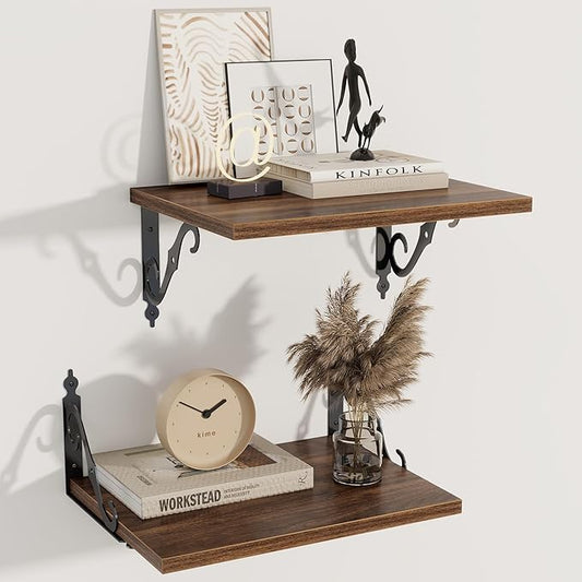 Dreamland Deep Floating Shelves, 16" W x 12" D Wall Shelves Set of 2, Wide Display Shelf Wall Mounted with Brackets, Bookshelf for Living Room, Bathroom, Bedroom, Walnut
