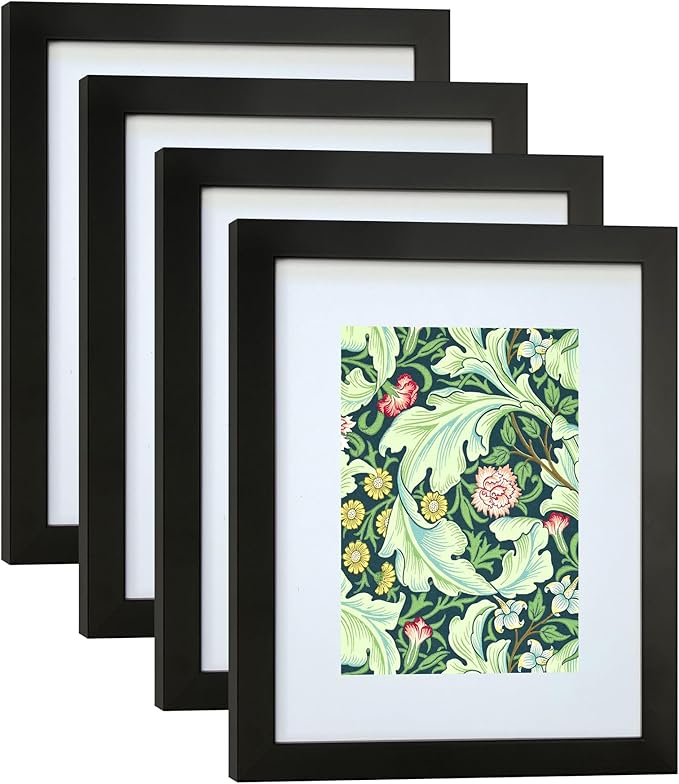 8x10 Picture Frame Set of 4 Made of Solid Wood Photo Frame with Real Glass for Pictures 5x7 with Mat or 8x10 without Mat, Wall Mount or Tabletop Gallery Photo Frames in Black