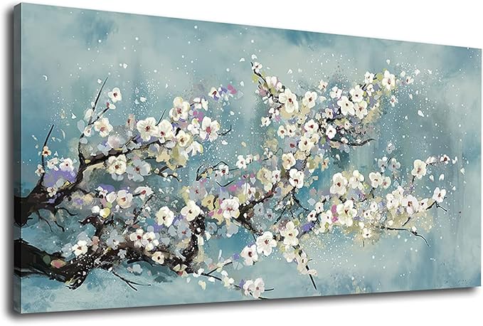 Flowers Wall Art Plum Blossom Canvas Art Botanical Floral Canvas Pictures Grey Blue Canvas Artwork for Bedroom Living Room Bathroom Kitchen Office Home Wall Decor Framed Ready to Hang 20" x 40"
