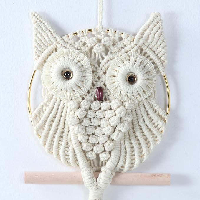 Owl Ivory Cotton Handmade Macrame Wall Hanging Tapestry Home Decor Art and Beige Craft Wonderful Decoration Woven Boho Ornament for Office Bedroom Apartment Living Room Cream Nursery