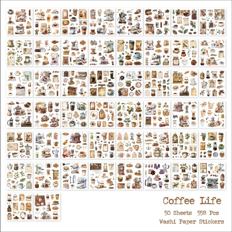 558pcs Coffee Journal Stickers, Ephemera for Junk Journaling Supplies, 50 Sheets Pre-Cut Washi Scrapbook Sticker Book for Scrapbooking, Bujo, Collage, Planners, DIY Art Crafts - Image 2