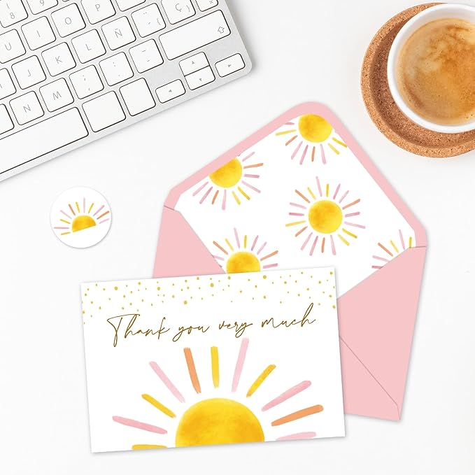 Whaline 30 Packs Baby Shower Thank You Cards Greeting Card Pink Boho Sun Sunshine Blank Note Cards with Envelopes and Stickers for Birthday Holiday Baby Shower, 4 x 6 Inch