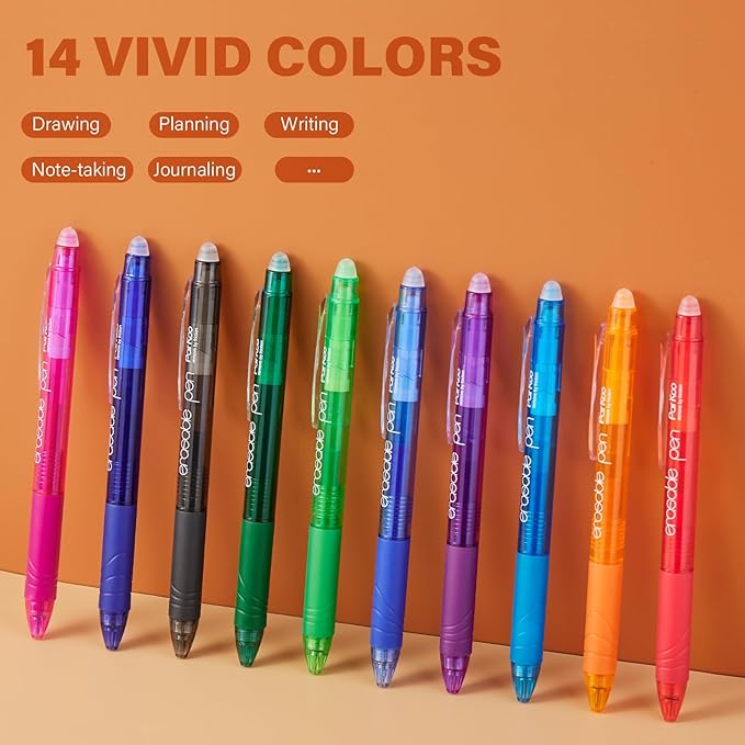 ParKoo Retractable Erasable Gel Pens Clicker 14 Colors, Fine Point 0.7mm, Make Mistakes Disappear, Comfort Grip for Writing Drawing Planners and School Supplies