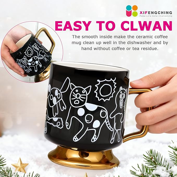 Christmas Mugs Whimsical Animal Ceramic fun Coffee Mug – 14oz Childlike Hand-Drawn Cat, Dog & Bear Design – Cute gothic Coffee Cup Gift for Women, Girls, Kids (Black)
